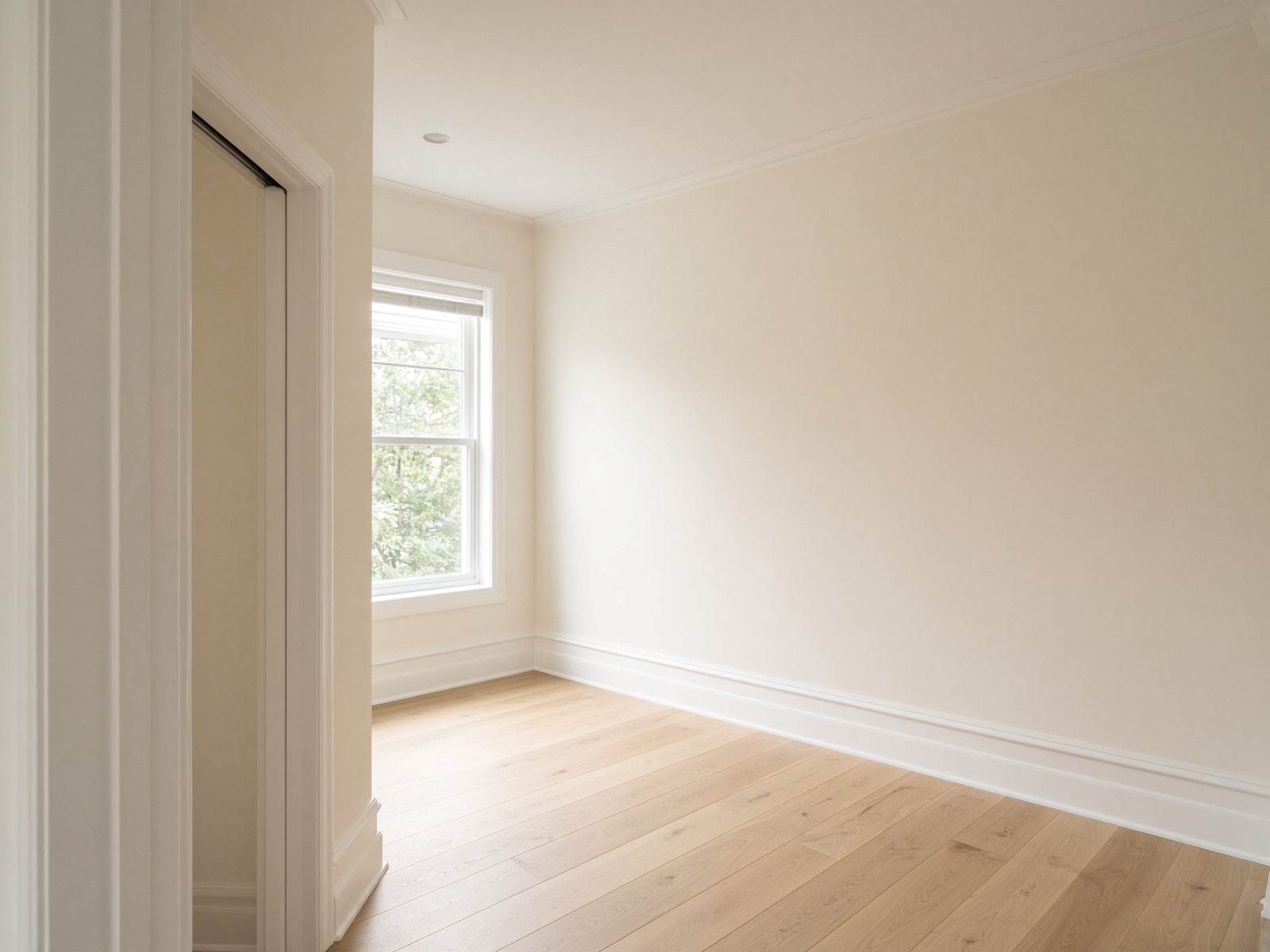 Freshly finished bone-colored interior with tall baseboards
