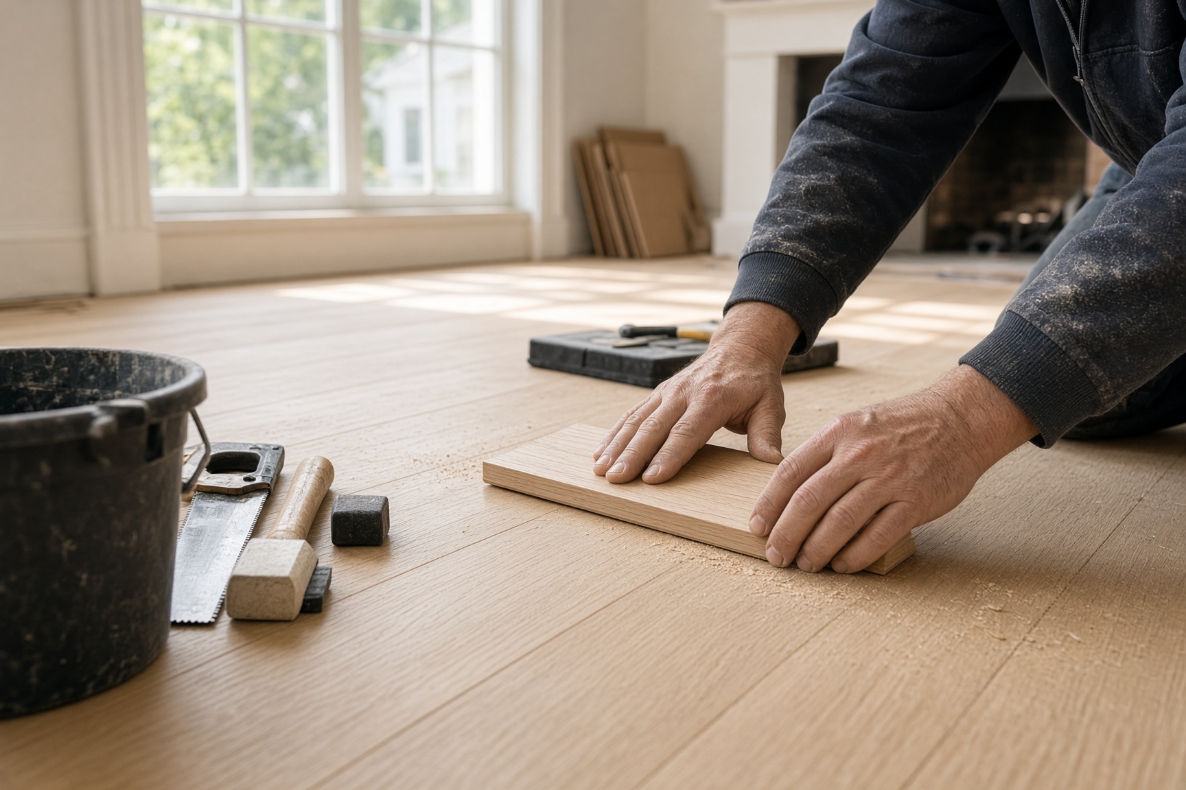 Craftsman installing wide-plank white oak flooring